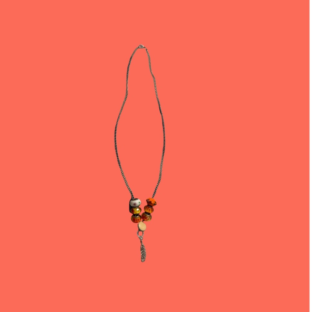 Chic Silver and Brown Beaded Necklace with Feather Pendant